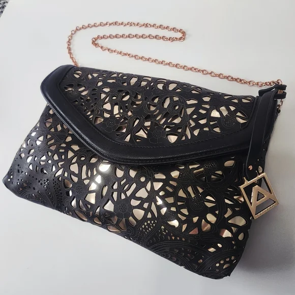 Attitude Envelope Clutch Black & Rose Gold Chain Strap - Picture 12 of 16